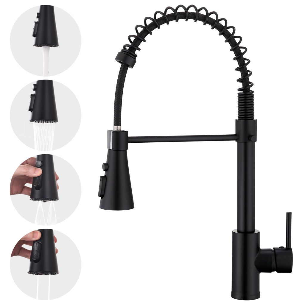A black kitchen faucet with a pull-down sprayer and multiple spray functions shown in a product shot.