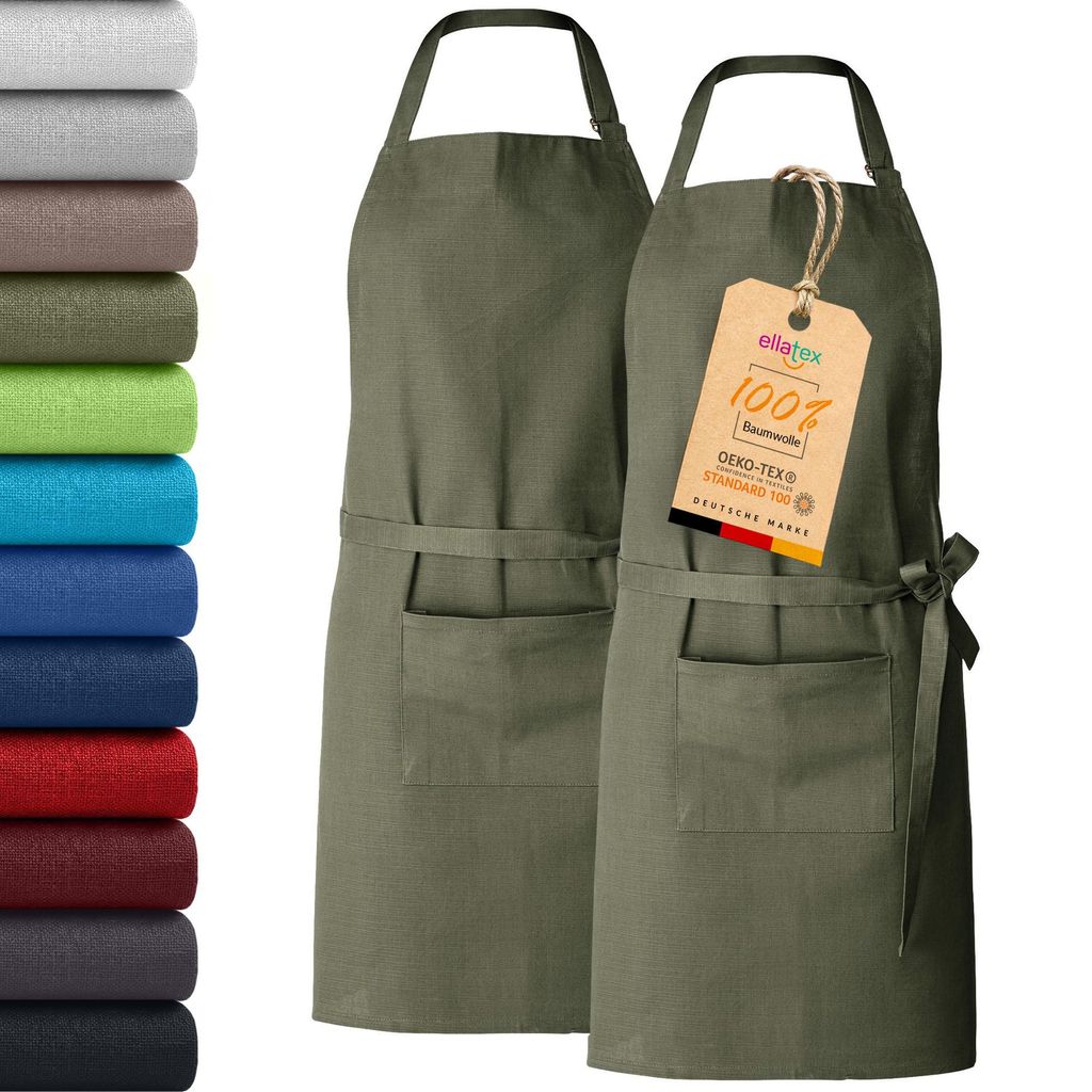 2er Pack EllaTex Kochschürze Latzschürzen 100% Baumwolle Unisex Schürzen verstellbar mit Tasche Grillschürze Küche, Farbe: Khaki