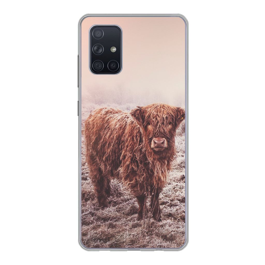 MuchoWow Handyhülle Schutzhülle Hülle für Samsung Galaxy A51 Schottische Highlander - Schnee - Sonne Silikon Softcase Handy Hülle - Schutzab...