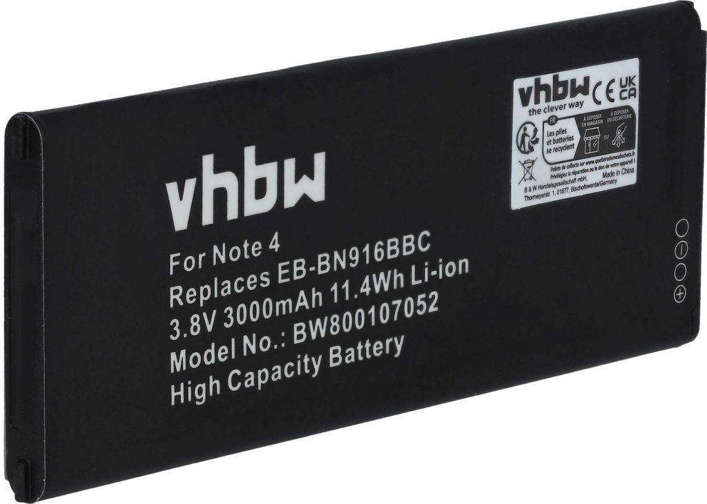 vhbw Akku kompatibel mit Samsung Galaxy SM-N9106, SM-N9106W, SM-N9100, Note 4 (China Model) Handy Smartphone Telefon (3000 mAh, 3,8 V, Li-Ion)