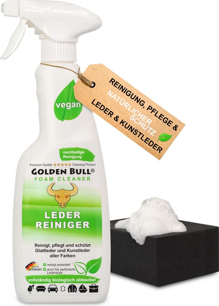Golden Bull Lederreiniger & Lederpflege 500ml + Schwamm - Leder Kunstleder Reiniger Schaum Spray 500ml für Reinigung und Pflege von Auto, Sofa uvm.