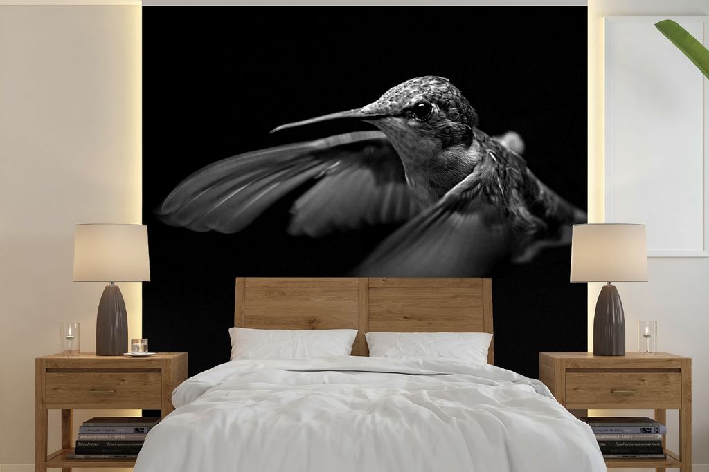 MuchoWow Fototapete für Wohnzimmer oder Schlafzimmer Wandtapete Vinyl Motivtapete Kolibri - Vogel - schwarz und weiß - 300x300 cm - Wanddekoration