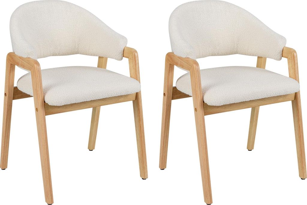 Two cream-colored chairs with light brown wooden frames are shown against a white background.