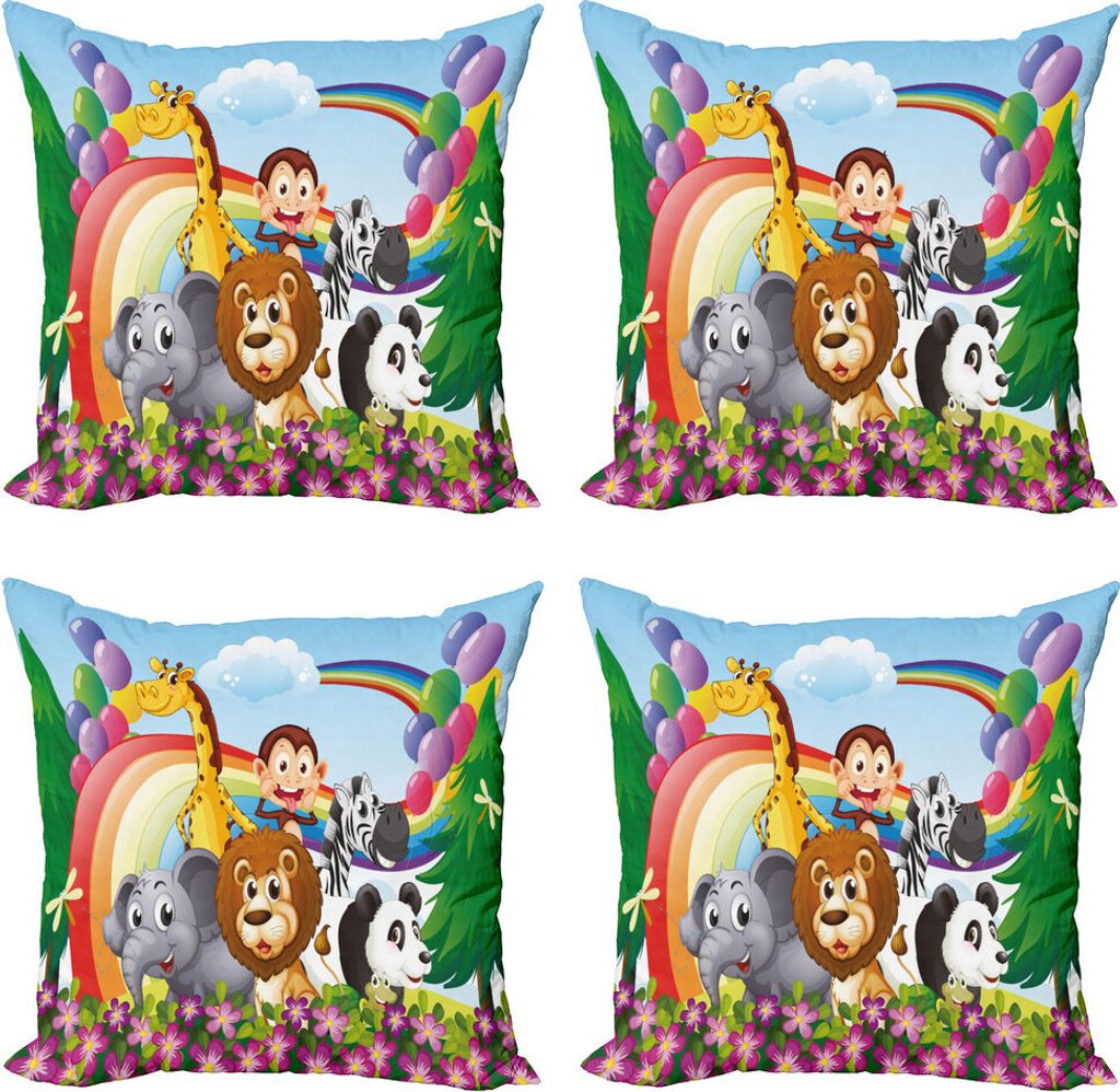 ABAKUHAUS Kindergarten Kissenbezug Set (4 Stück), Tiere auf dem Gipfel, Moderner Doppelseitiger Digitaldruck, 60 cm x 60 cm, Mehrfarbig