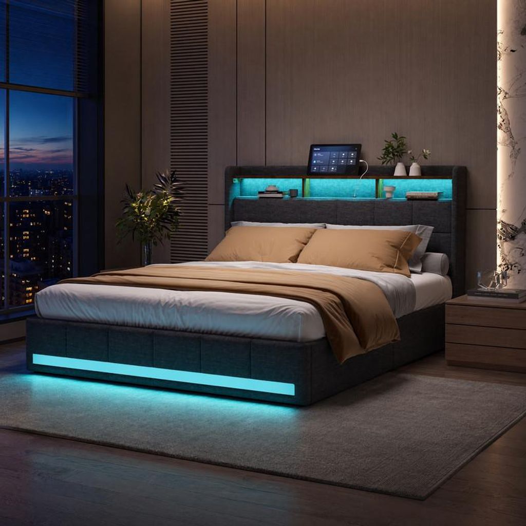 UnboxG Polsterbett 140x190 cm mit 4 Schubladen, LED, USB, Produktbild 