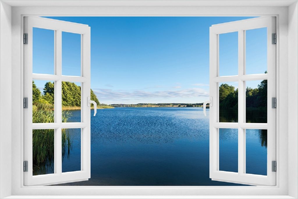 Wallario Poster mit Fenster-Illusion: Malerischer See mit Schilf unter blauem Himmel, Größe: 100 x 150 cm