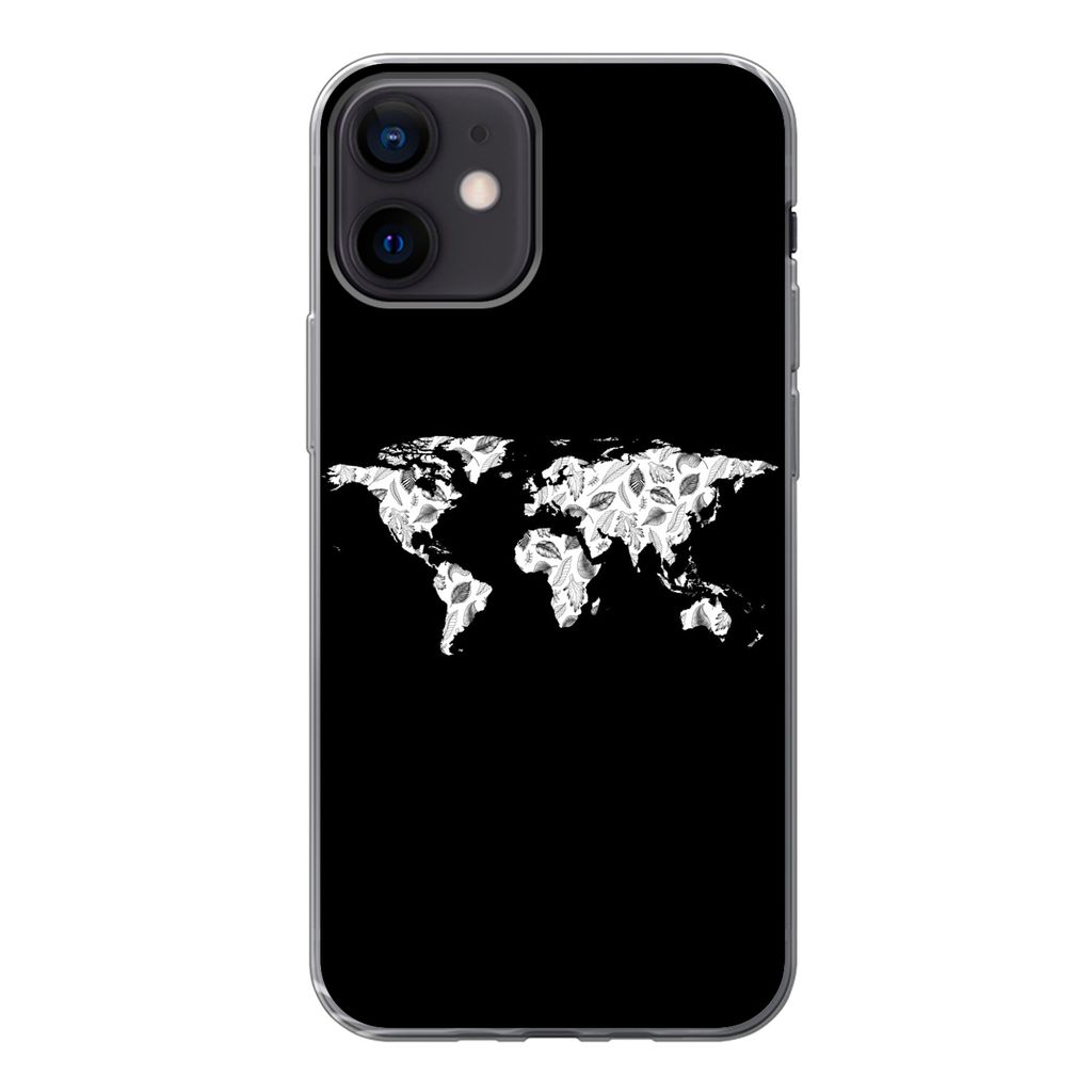 MuchoWow Handyhülle Schutzhülle Hülle für iPhone 12 Weltkarte - Blätter - Schwarz Silikon Softcase Handy Hülle - Schutzhülle