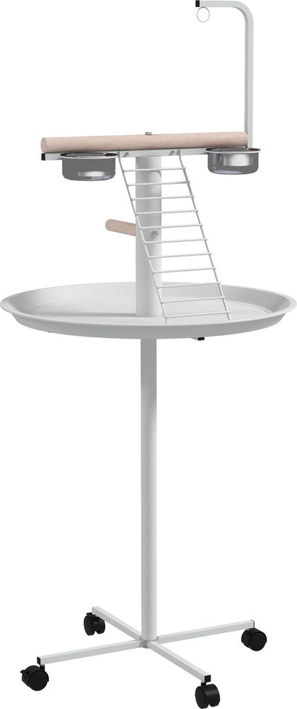 Anflugstange Freisitz für Papageien Sitzstange, 1 Leiter, 1 Schaukel, Futternäpfe, 60 x 60 x 138 cm, Weiß + Natur