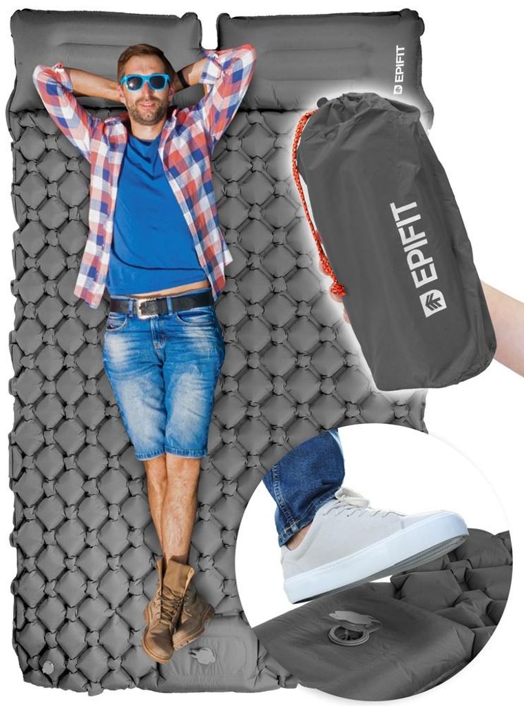 Doppel Camping Isomatte Selbstaufblasende EPIFIT Luftmatratze für 2 Personen Aufblasbar 195*120*5 Grau ultraleicht Schlafmatte