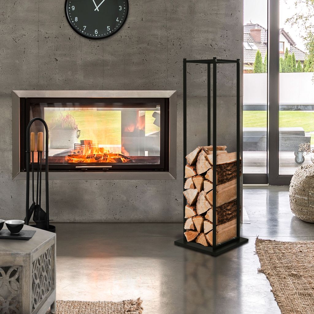 A modern living room with a fireplace and a metal firewood rack.