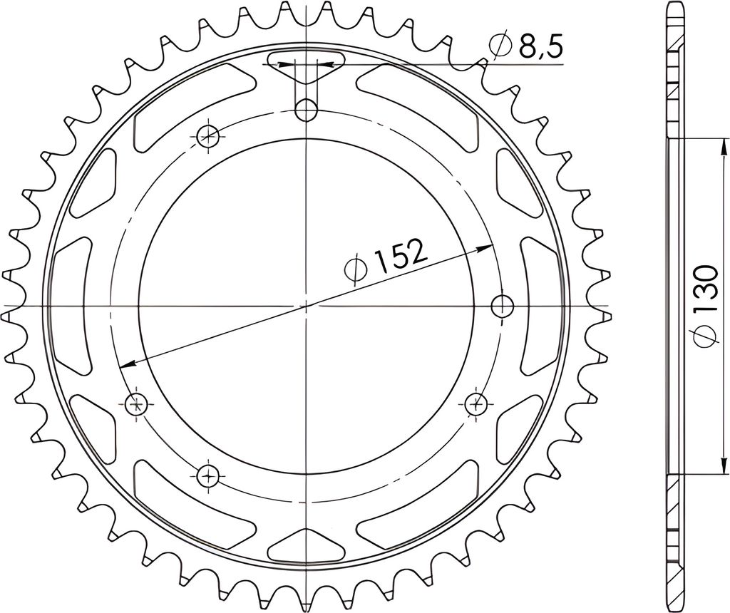 Stahl-Kettenrad Supersprox 525 - 45Z (schwarz) RFE-870:45-BLK|ID 130,0 LK 152,0 6-Loch