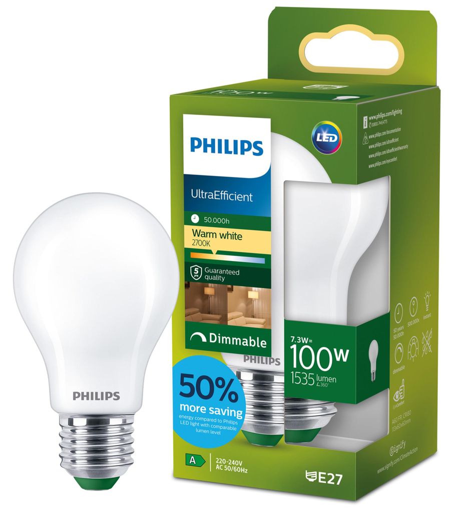 Philips Filament-Lampe, Milchglas, 100W A60 E27, 7,3 W, 100 Produktbild 