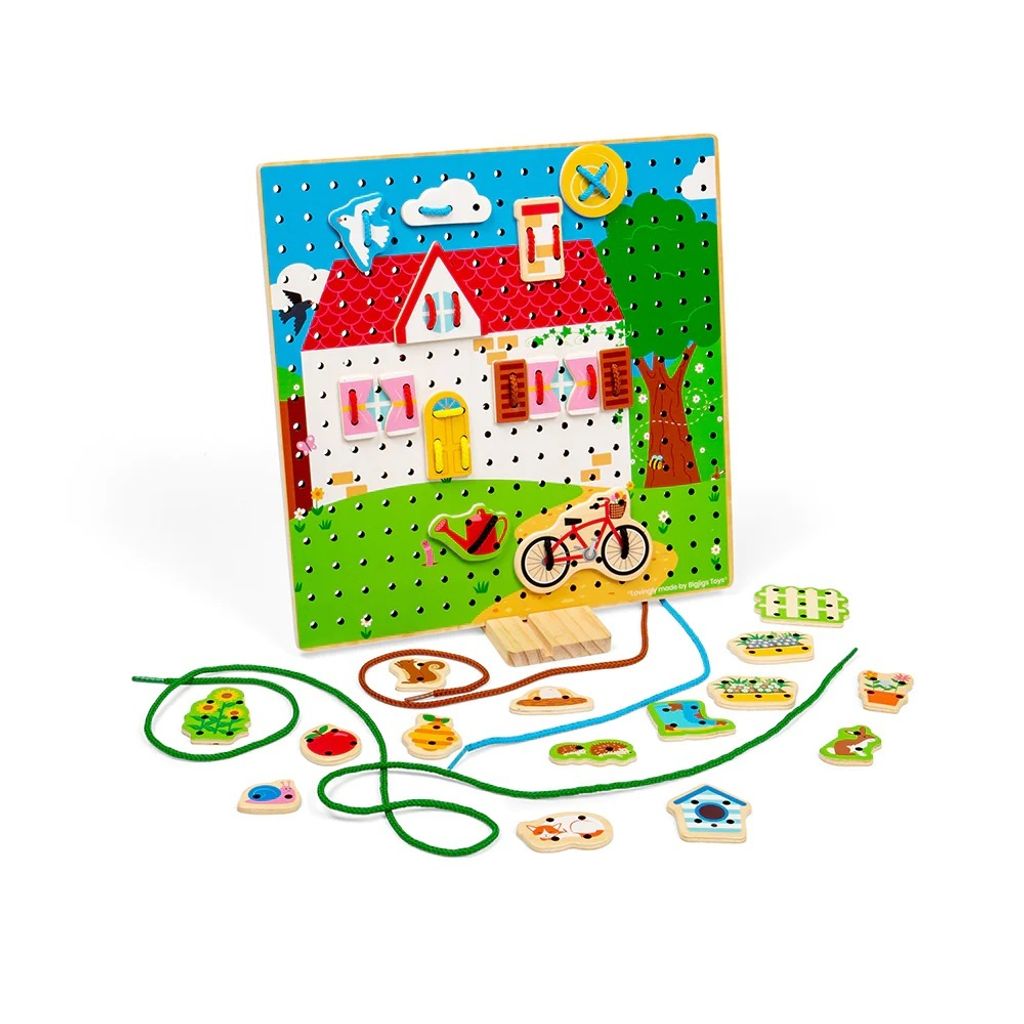 Bigjigs Lace-A-Shape Fädelspiel mit 30 Hausformen und 6 Schnürsenkeln aus Holz, mehrfarbig