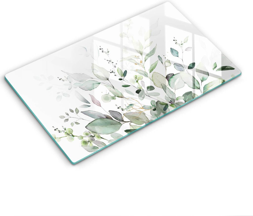 Glasschneideplatte - Herdabdeckplatte - 52x30 cm - Schneidebrett - Spritzschutz - Aquarellpflanzen