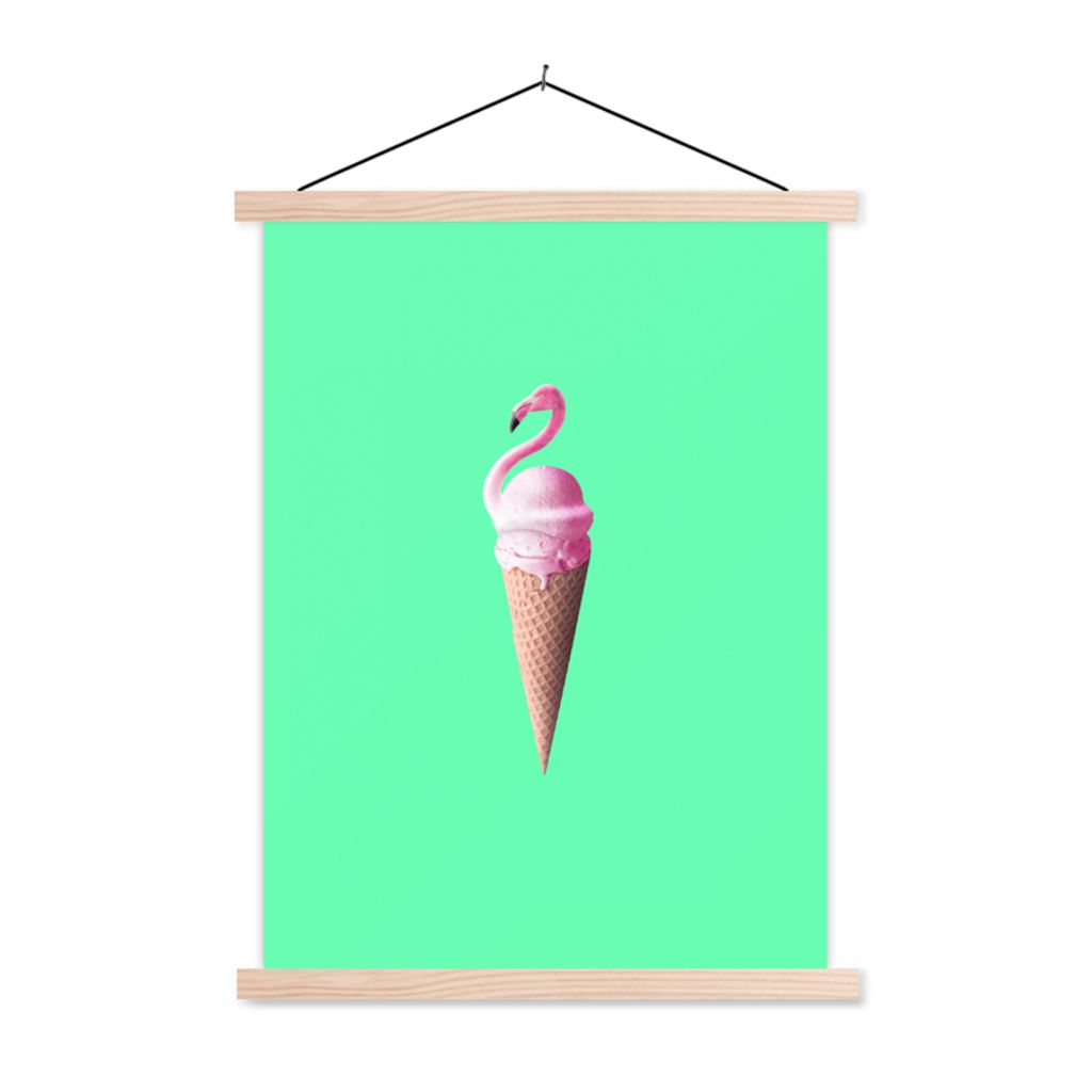 MuchoWow Textilposter Eistüten - Eiscreme - Flamingo - Rosa - Grün 120x160 cm mit holzfarbenen Rahmen - Plakatkarton