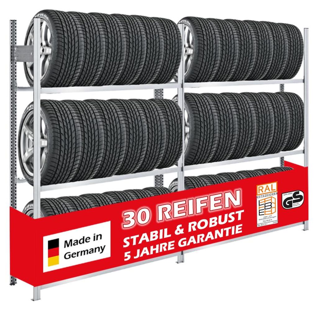 Reifenregal TIRE PRO Germany | Komplettregal | HxBxT 200x260x43cm | 150kg Fachlast | bis zu 30 Reifen auf 3 Ebenen | Verzinkt