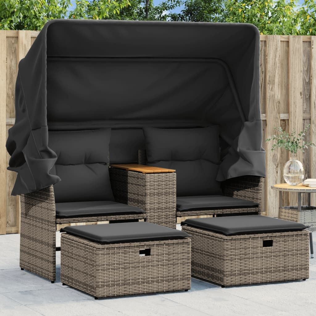 ZMH Gartensofa 2-Sitzer mit Dach und Hockern Grau Poly Rattan