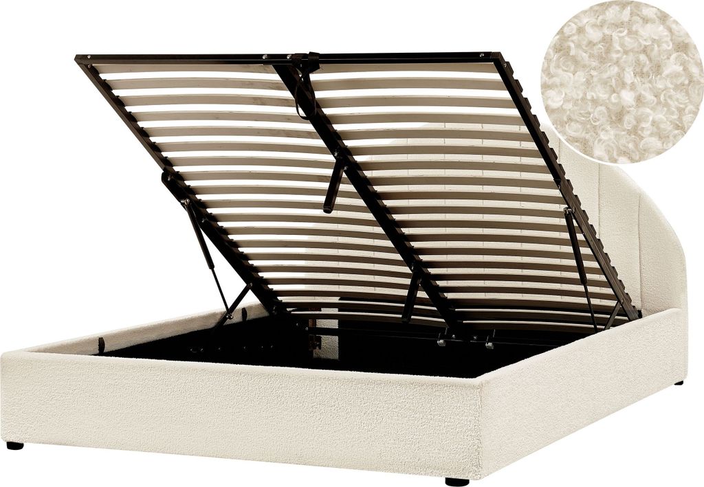 BELIANI Polsterbett Cremeweiß Bouclé-Stoffbezug mit Bettkasten Lattenrost 140x200cm Hochklappbar Hohes Kopfteil Gesteppt Schlafzimmer Doppelbett