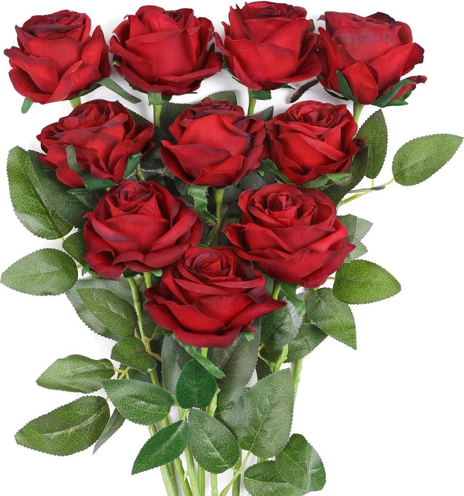 Allecto Plus - Kunstseidenrosen Bouquet 10 Stück für Zuhause Büro Hochzeit (Weinrot)