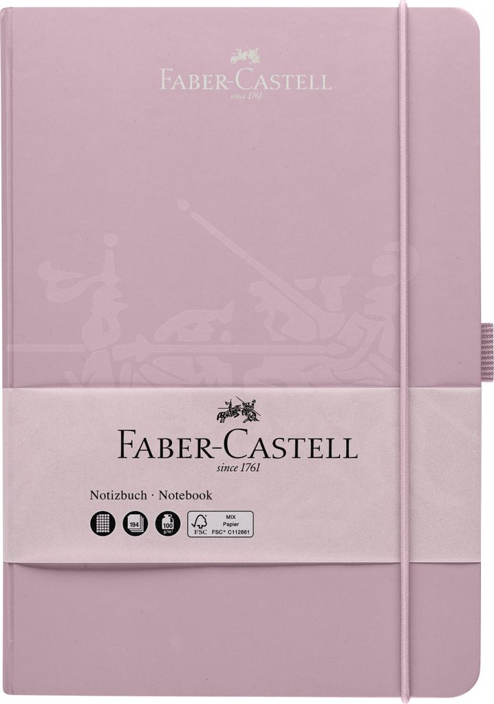 A pink notebook with a band around it.