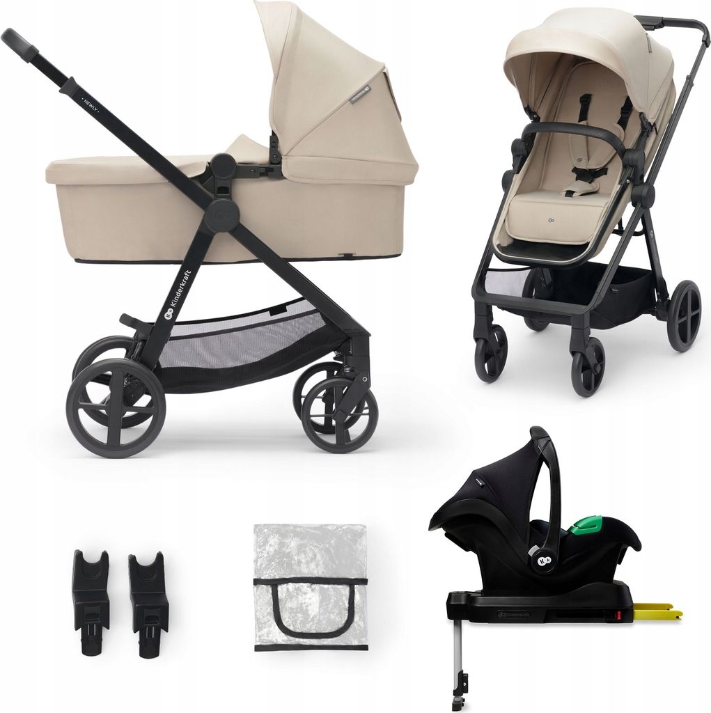A collage of a beige Kinderkraft baby stroller system with various attachments.
