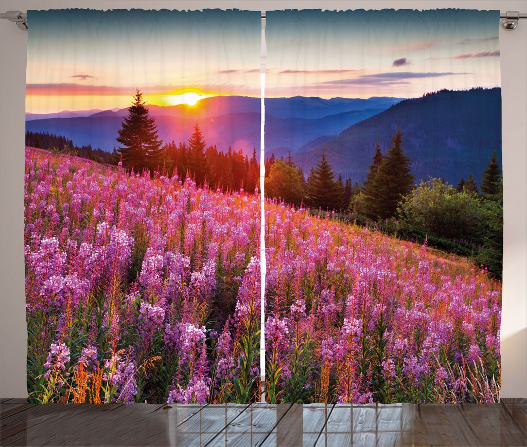 ABAKUHAUS Land Rustikaler Vorhang, Spring Mountains Floral, Wohnzimmer Universalband Gardinen mit Schlaufen und Haken, 280 x 245 cm, Pink Blau