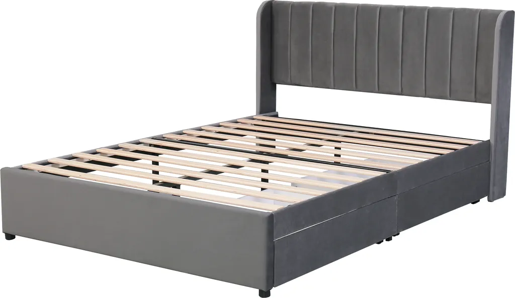 Lit 140x200cm avec 2 tiroirs et sommier, structure bois velours gris - 6
