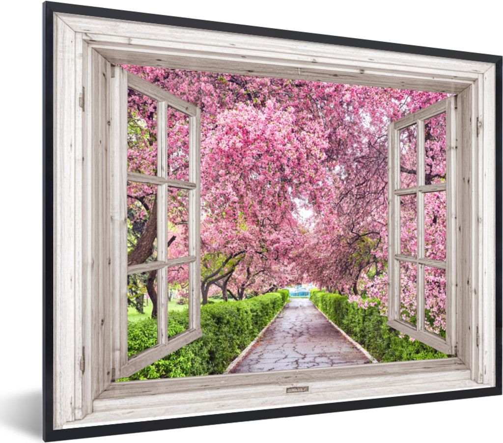 MuchoWow Gerahmtes Poster Japanisch - Sakura - Blüte - Baum - Blütenzweige - Durchsichtig 80x60 cm - Poster mit Schwarzem Bilderrahmen Wandpost...