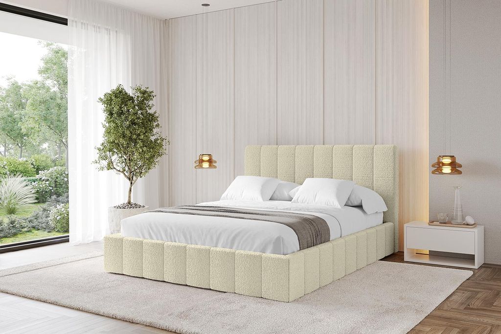 ALTDECOR Polsterbett mit Bettkasten - FINO 180x200 Beige und Lattenrost, Bett mit Matratze H3/H4, Kopfteil, Boxbett, Doppelbett mit Stauraum