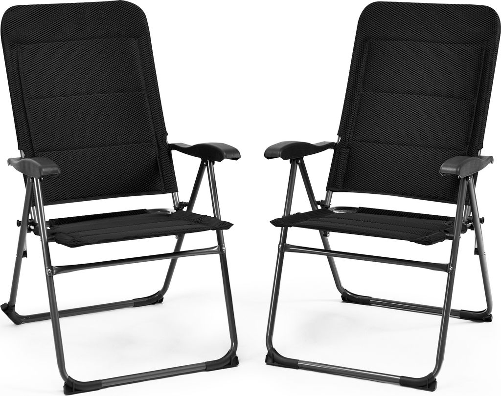 COSTWAY 2er-Pack schwarz gepolsterte Liegestühle, Terrassenliege mit 7 verstellbaren Rückenlehnenpositionen, klappbare Gartenstühle