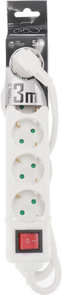 A white power strip with five outlets and a red on/off switch, presented in its packaging.