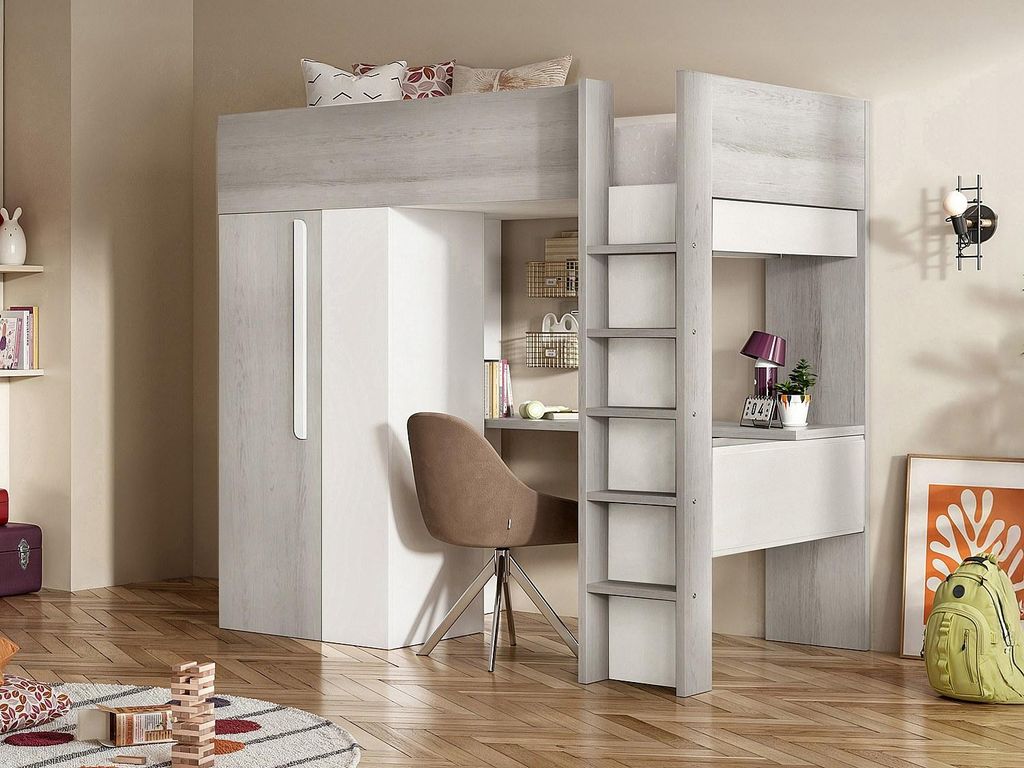 Zwischengeschossbett 90 x 200 cm mit Kleiderschrank und Schreibtisch - Naturgrau und Weiß + Matratze - NICOLAS