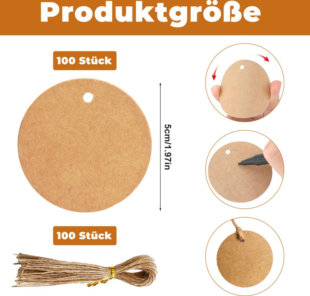100 Stück braune Geschenkanhänger mit 100 Stück 25 cm Jutekordel, 5 cm Durchmesser Kraftpapieretiketten, runde Hängeanhänger für Geschenkverp...