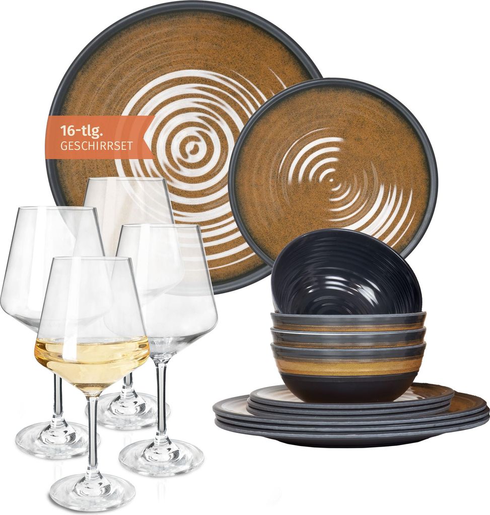 Melamin Camping Geschirr Set 4 Personen Stone Curry + 4 Milano Weiß Weingläser Tafelgeschirr Picknick BBQ Kochgeschirr