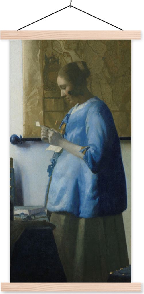 MuchoWow Textilposter Frau in Blau liest einen Brief - Gemälde von Johannes Vermeer 60x120 cm mit holzfarbenen Rahmen - Holz