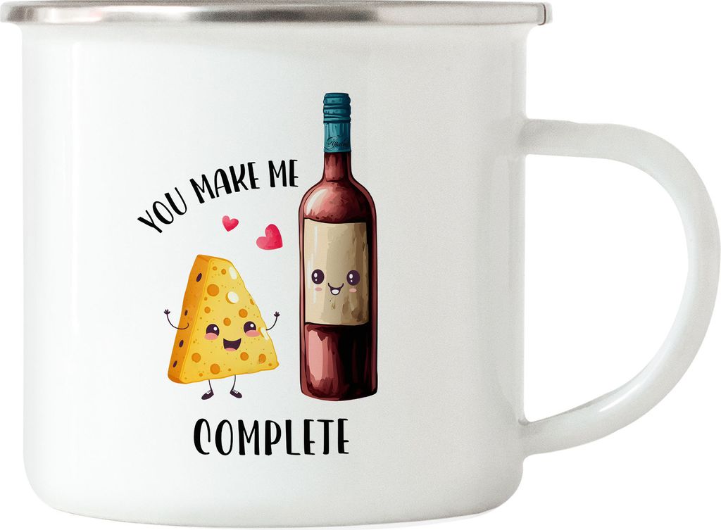 You Complete Me Emaille Tasse Wein Käse Valentinstag Freundin Freund Süß Geschenkidee Paar Liebe