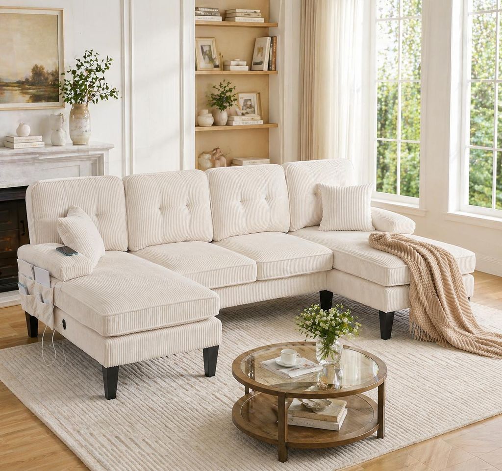 Wohnlandschaft Beige U Form Sofa Grosses 4 Sitzer Couch mit zwei Chaise Lounges Cord Polstersofa Modernes Ecksofa Inklusive Kissen Wohnzimmersofa XXL