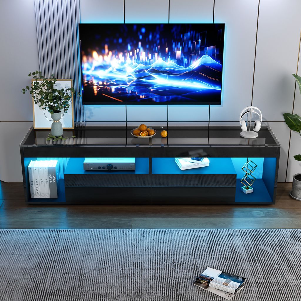 Mobile TV LED 176 Cm Bianco Lucido – Supporto Per TV Fino A 70", Con Luci LED Regolabili E Vano Portaoggetti