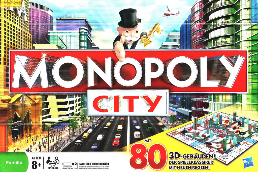 The image is a marketing image for the board game Monopoly City, showing the game box art with illustrations of a city, the Monopoly man, and a game board.