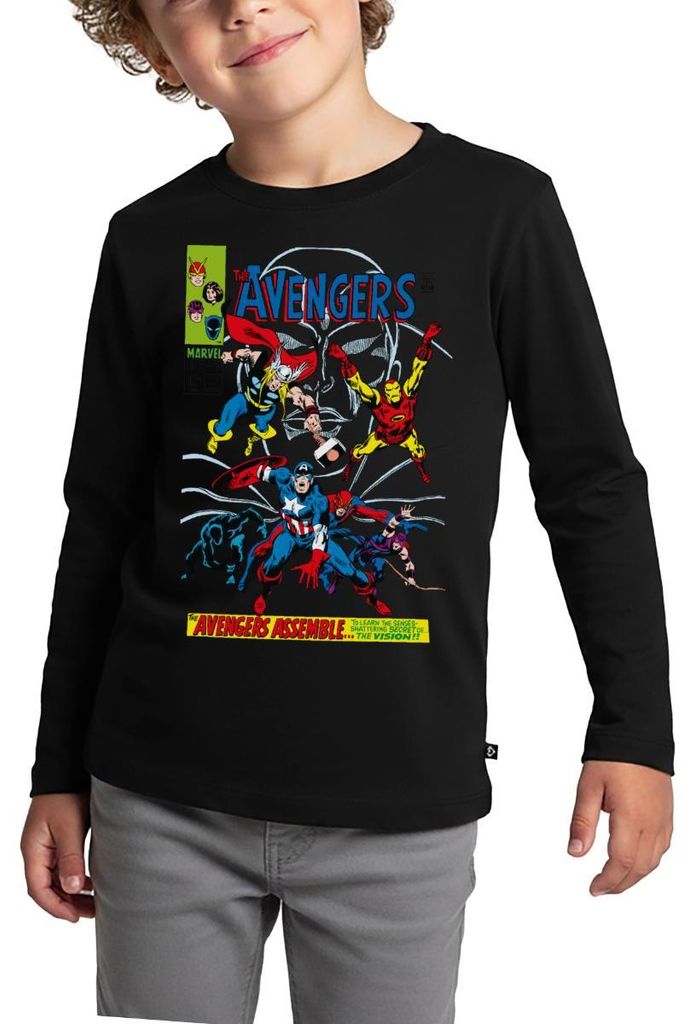 Spreadshirt Avengers Comic Superhelden Assemble Kinder Premium Langarmshirt, 134/140 (8 Jahre), Schwarz