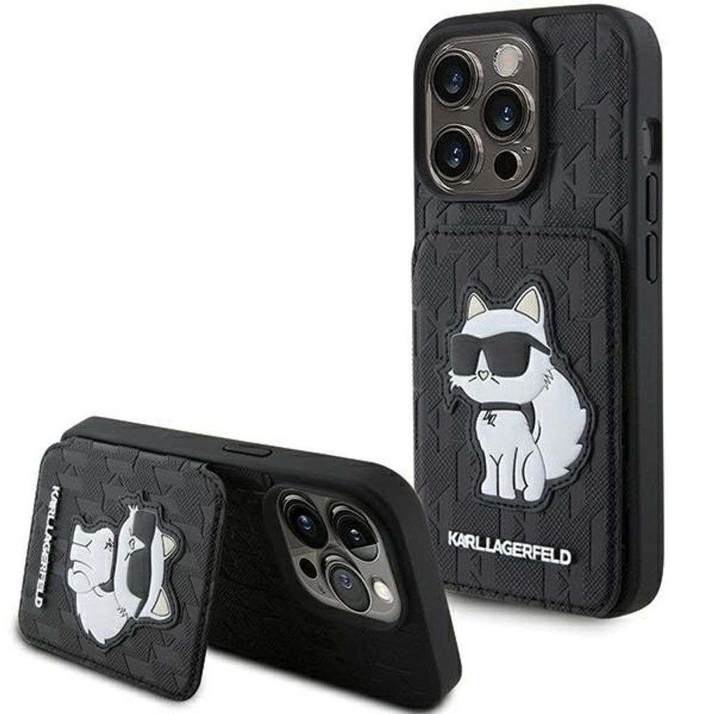 A black iPhone case with a Karl Lagerfeld cat design and a kickstand.