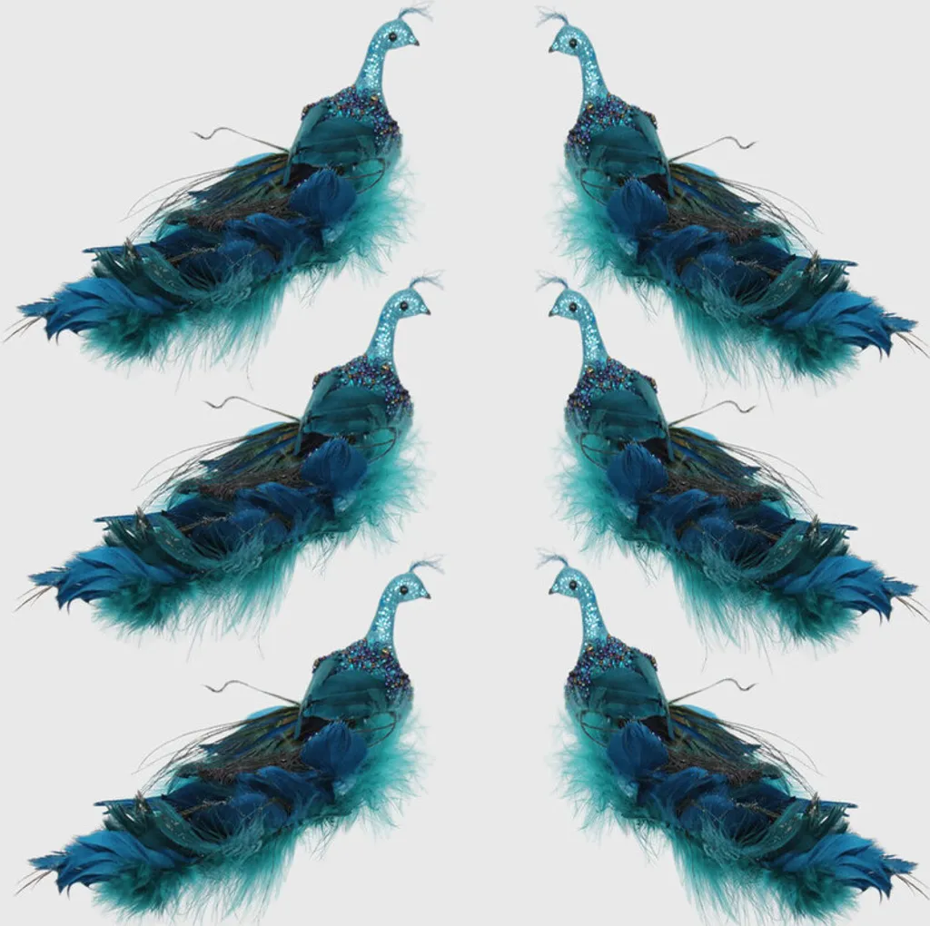 Paon de Noël avec Longue Queue en Plumes et Pince Métallique - 6 pcs