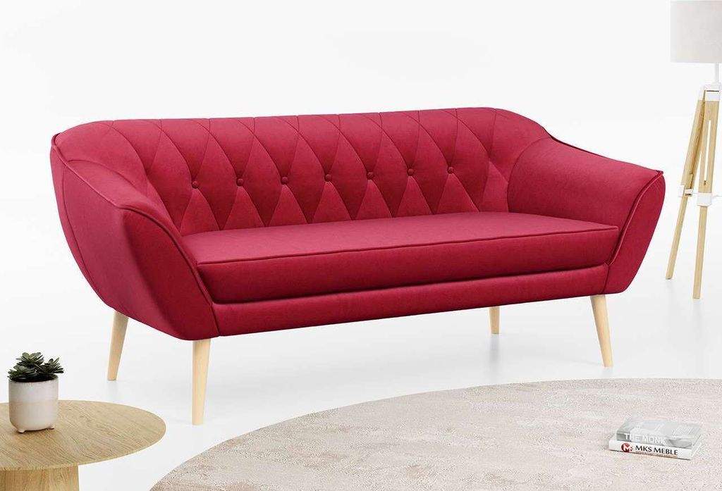 Sofa, Skandinavischer Stil, Holzbeine - PIRS - 3 Sitzer - Rot - Velours