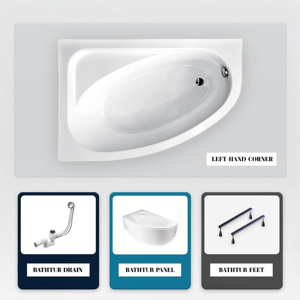 Asymmetrische Badewanne - 150 x 100 cm - Rechts - mit weißer Verkleidung - mit Füßen - Ablaufgarnitur Chrom - CORNEA
