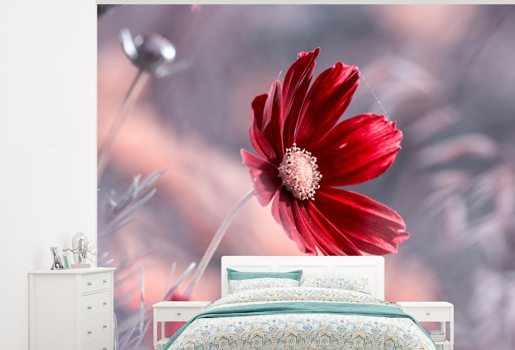 MuchoWow Fototapete für Wohnzimmer oder Schlafzimmer Wandtapete Vinyl Motivtapete Blumen - Rot - Natur - Pflanzen - 275x220 cm - Gemustert