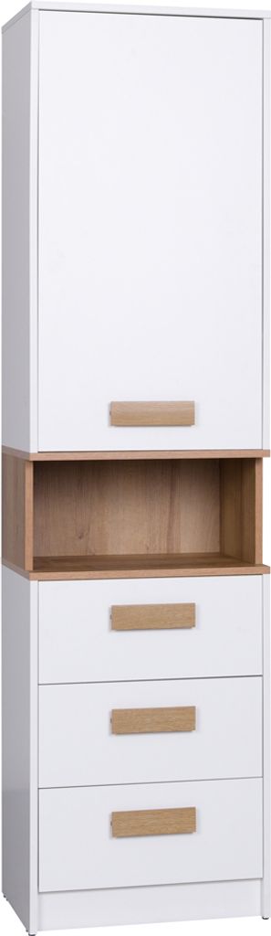 A tall, narrow white cabinet with wooden accents and three drawers.