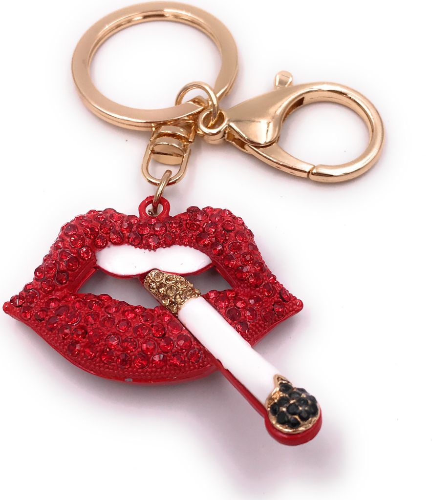 Onwomania Schlüsselanhänger Lippen rot Zigarette y Raucher Strass gold Anhänger Keychain