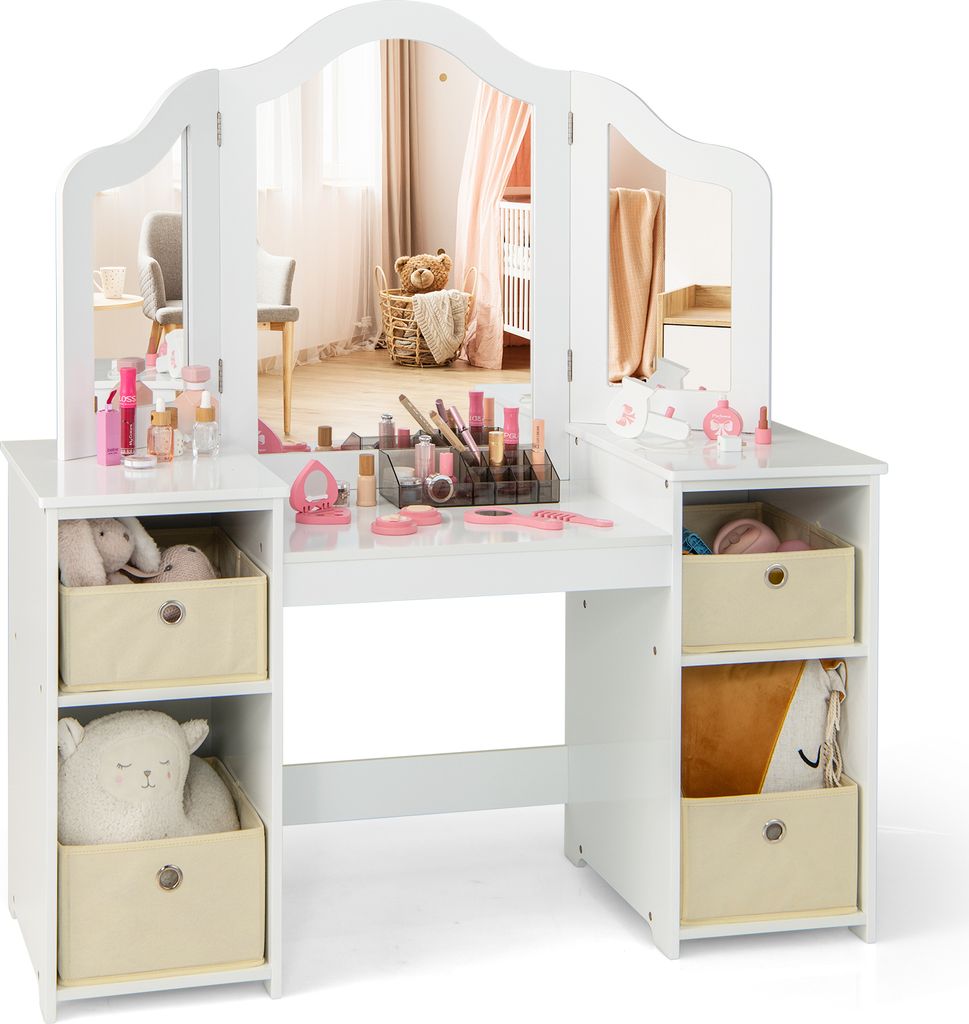 A white children's vanity table with a tri-fold mirror and storage drawers.