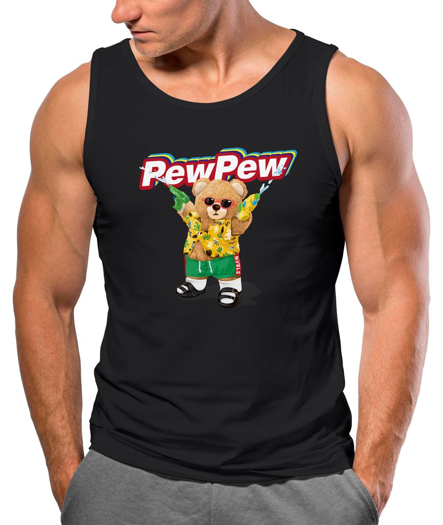 Herren Tank-Top Pew Pew Bär Sommer Printshirt Aufdruck Motiv lustig Muskelshirt Neverless schwarz L