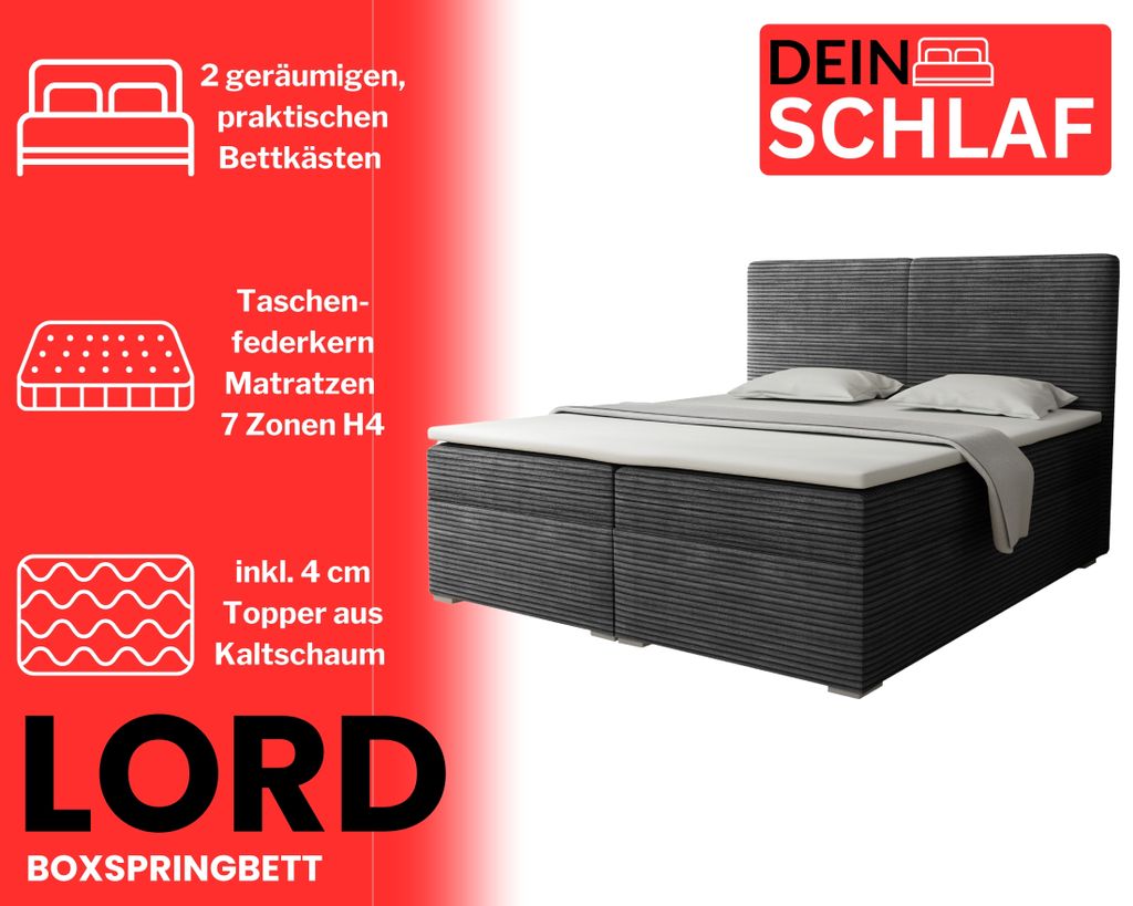 Boxspringbett LORD 160x200 Anthrazit Boxspring Komplettbett Produktbild 2